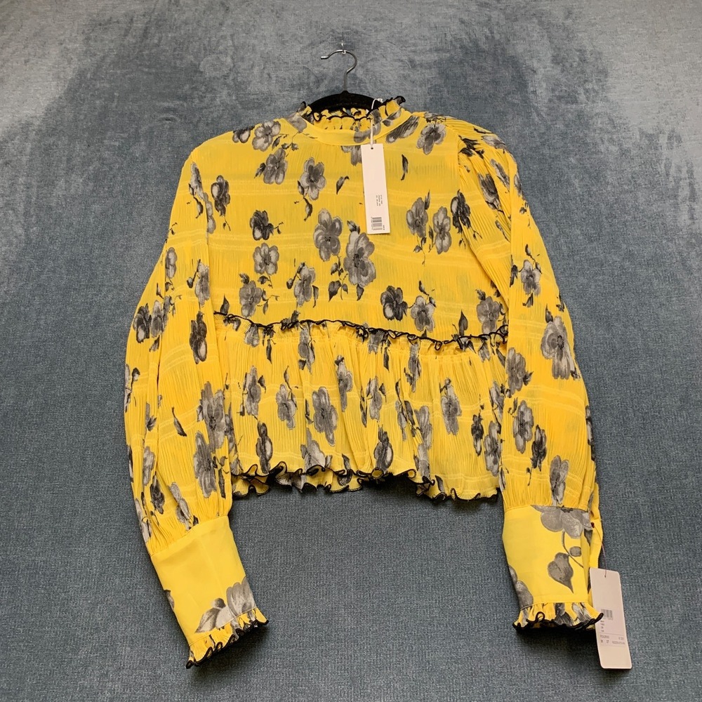 GANNI Blouse Top Women 36 Yellow Floral Pleated Ruffle Mock Neck Casual Back Zip